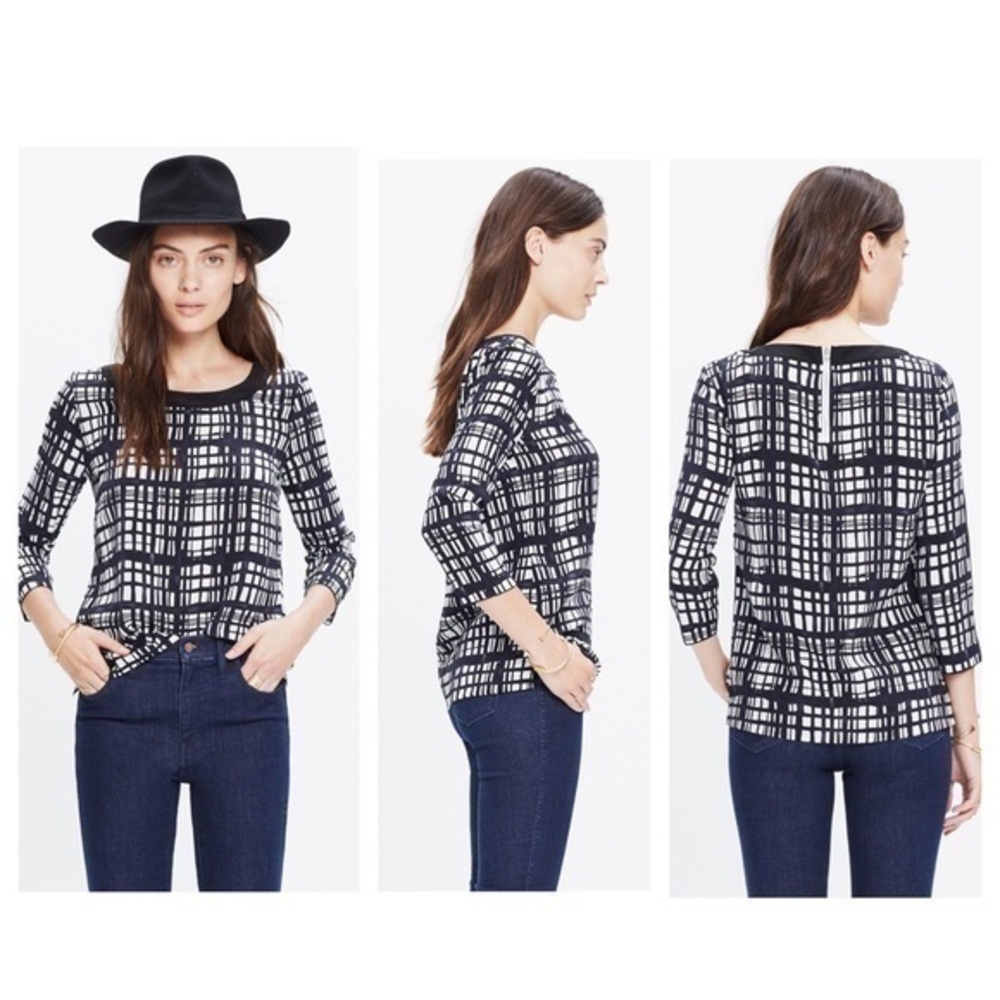 NWT Madewell Silk Retrospect Ivory Navy Brushstroke Plaid JJ16